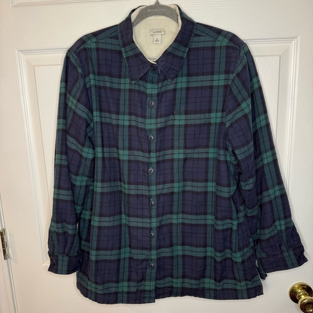 L.L. Bean Women's Fleece Lined Plaid Button Down Shirt - Navy and Green Size LP